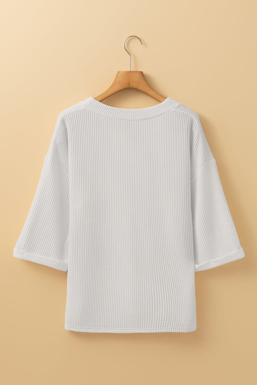 image-White 3/4 Sleeve V-Neck Drop Shoulder Top - Casual Solid Color (61 characters)
