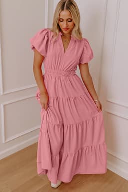 image-Bright Green V Neck Puff Sleeve High Waist Tiered Maxi