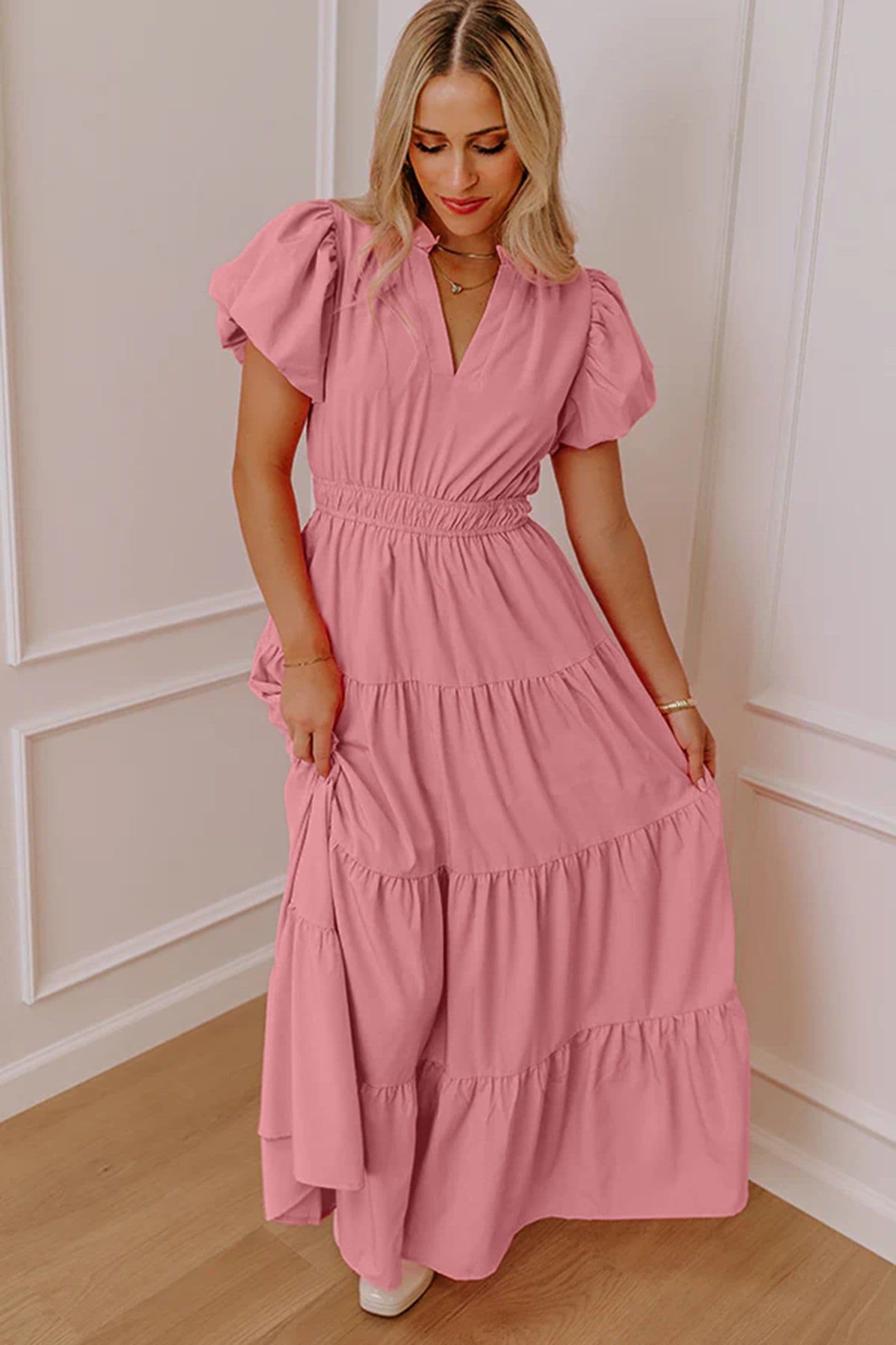 image-Bright Green V Neck Puff Sleeve High Waist Tiered Maxi