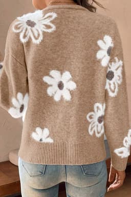 image-Floral Print V Neck Cardigan, Smoke Gray, V-Neck, Button-Up, Long Sleeves