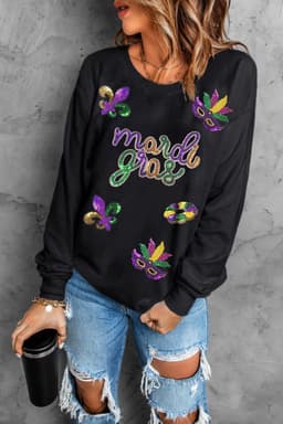image-Black Sequin Fleur de Lis Mardi Gras Pullover Sweatshirt
