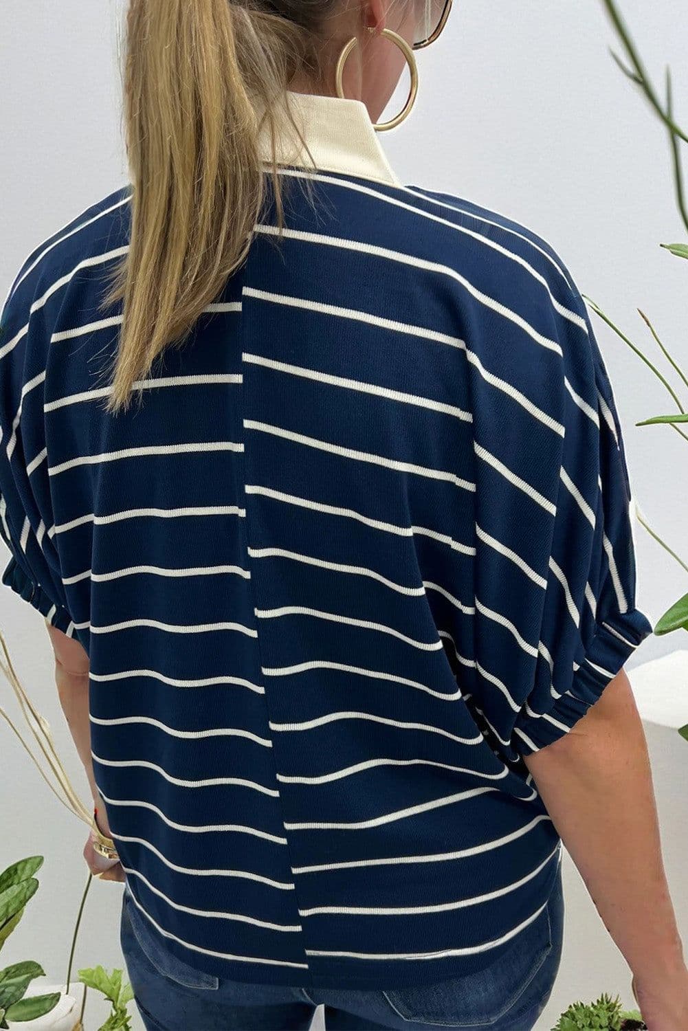 image-Blue Stripe Stand Collar V Neck Elastic Cuffs Half Sleeve Dolman Top