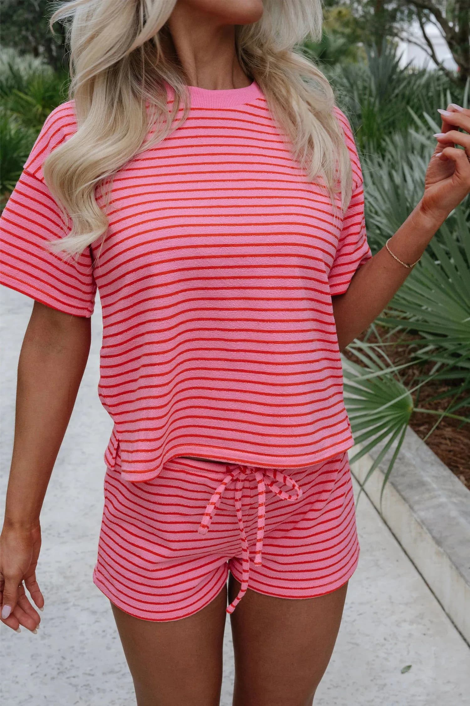 image-Rose Stripe Side Split Knit Tee Drawstring Shorts Set