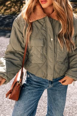 image-Jungle Green Teddy Collar Flap Pockets Quilted Puffer Jacket
