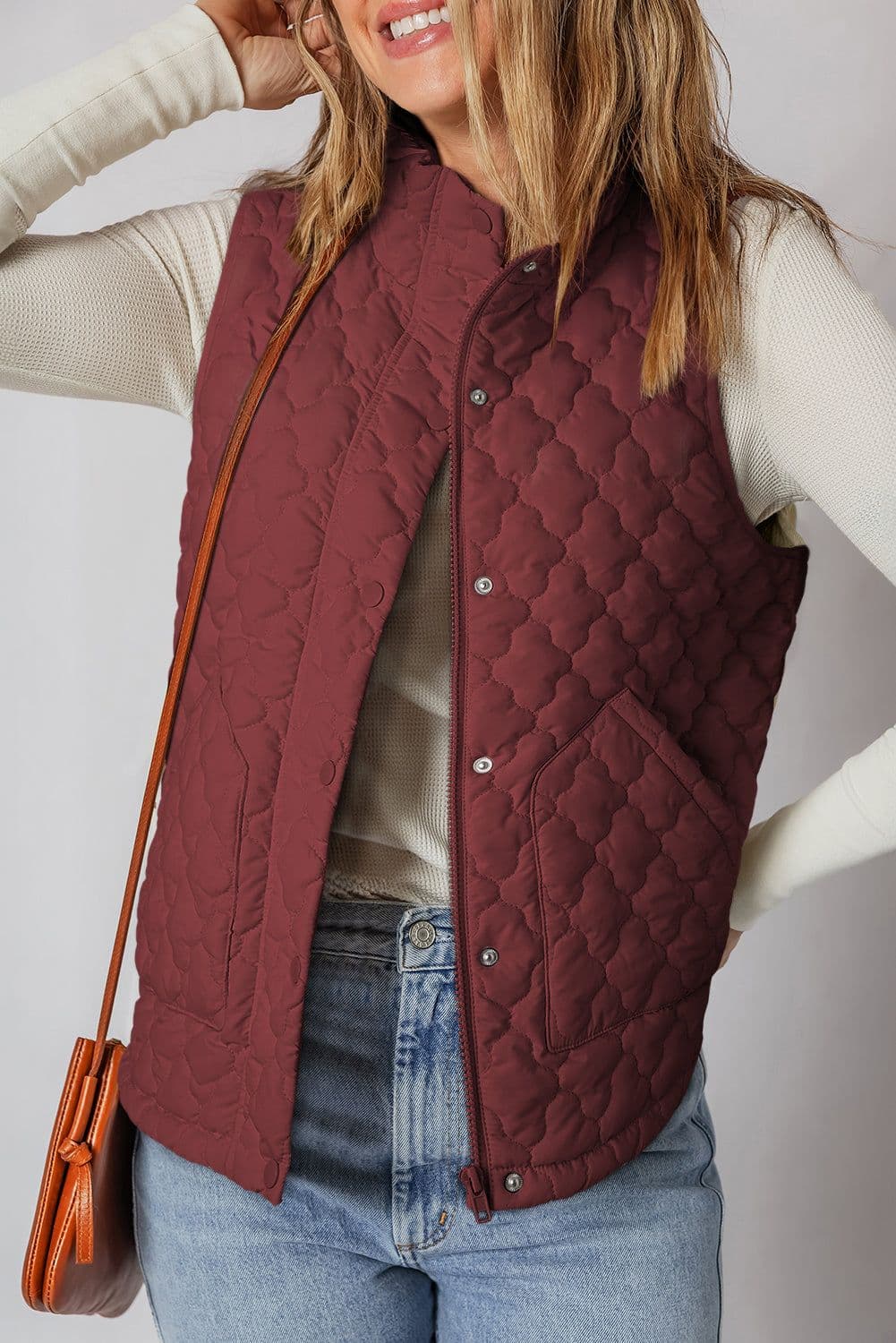 image-Wild Ginger Flower Shape Quilted Snap Button Zip Up Winter Vest