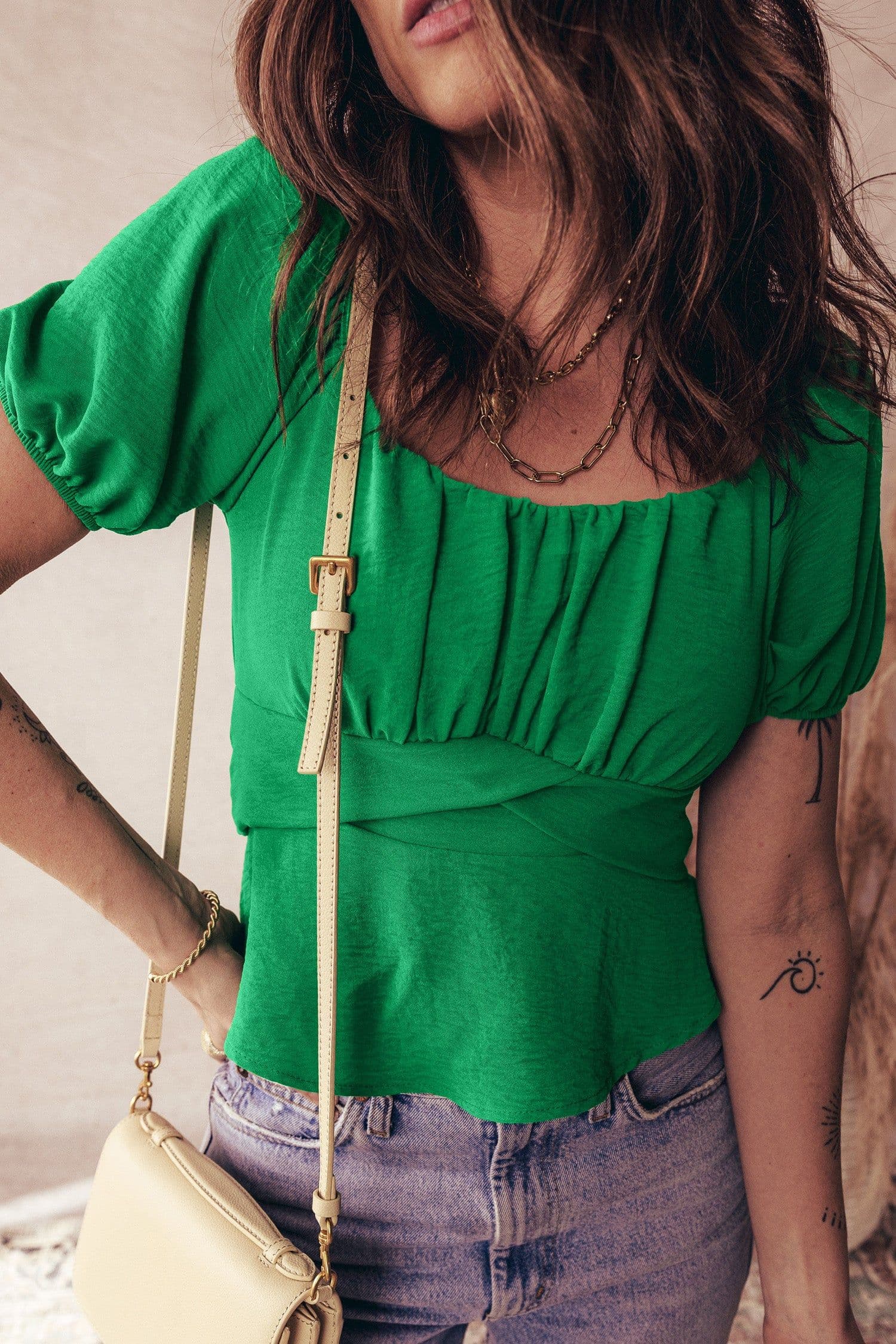 image-Dark Green Peplum Top - Ruched Waist Tied Back