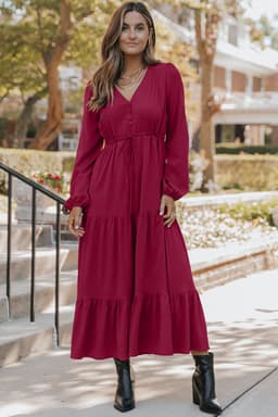 image-Burgundy Solid Long Sleeve Button V Neck Tiered Maxi Dress