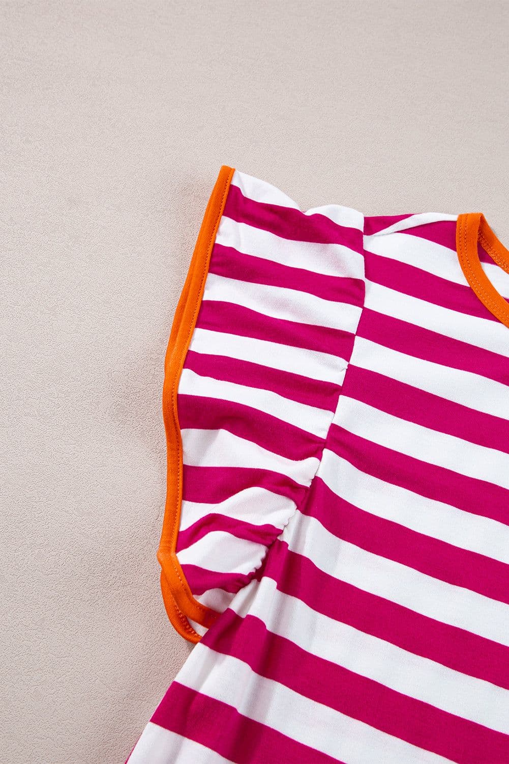 image-Rose Red Striped Ruffle Sleeve Crew Neck Blouse