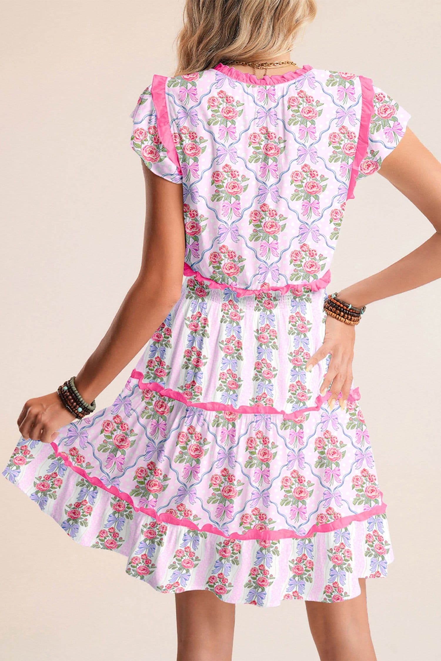 image-Purple Floral Tiered Ruffle Sleeveless V-Neck Mini Dress