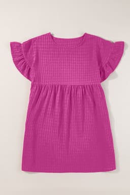 image-Rose Red Ruffled Short Sleeve Mini Dress - Textured Fabric, Sizes S-XL
