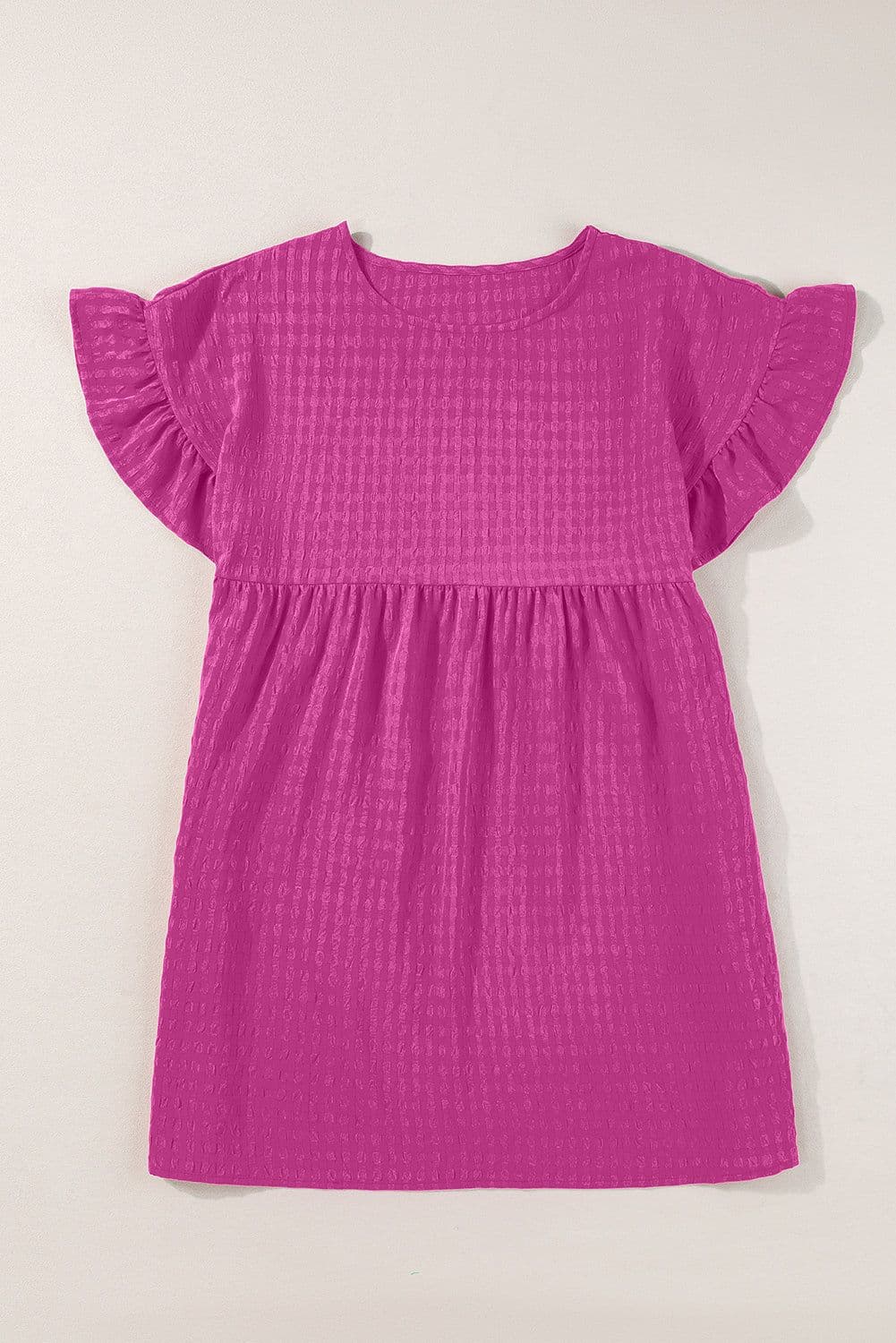 image-Rose Red Ruffled Short Sleeve Mini Dress - Textured Fabric, Sizes S-XL