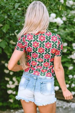 image-Fiery Red Retro Floral Print Crew Neck T Shirt