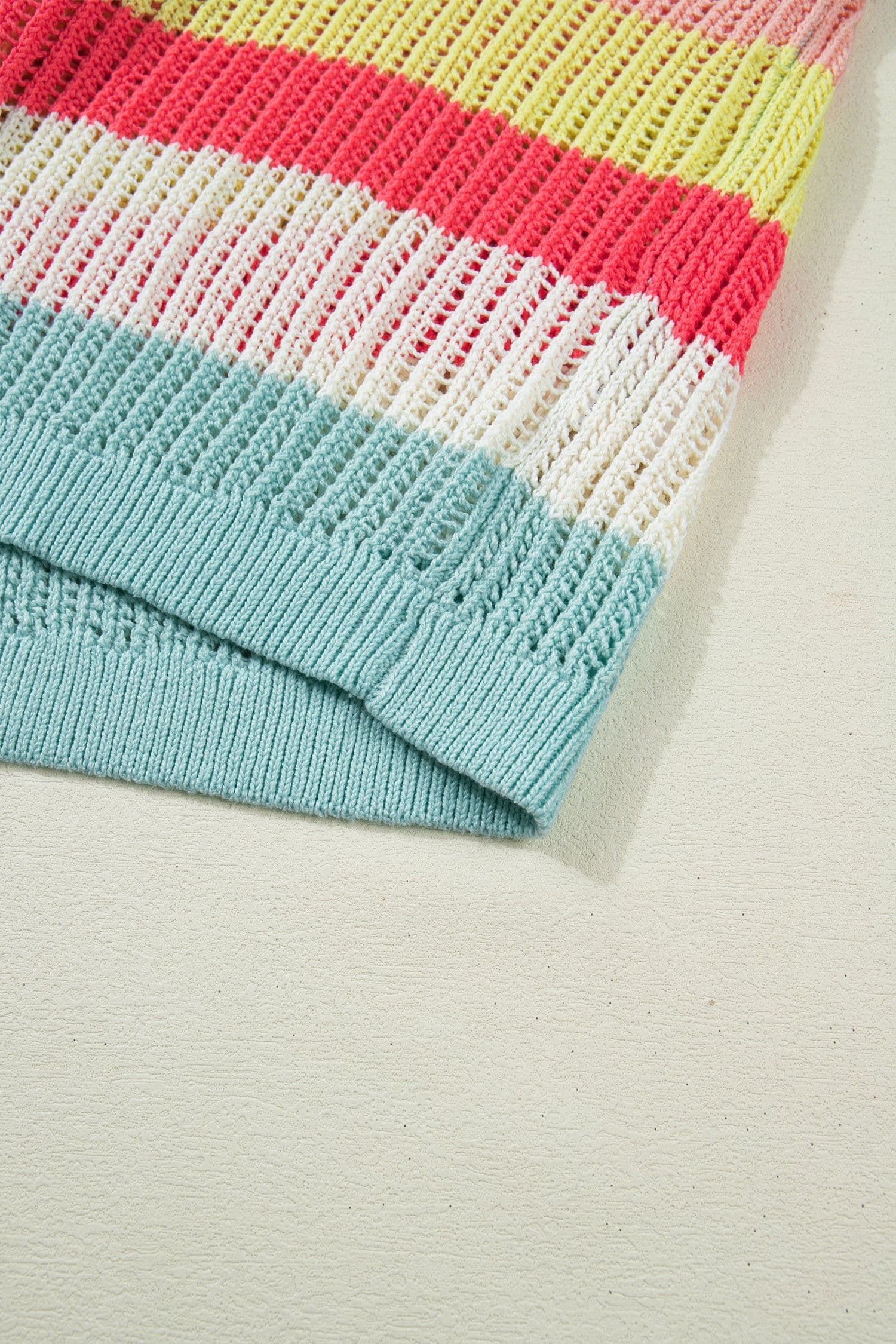 image-Green Stripe Color Block Hollow Out Knit Short Sleeve Sweater