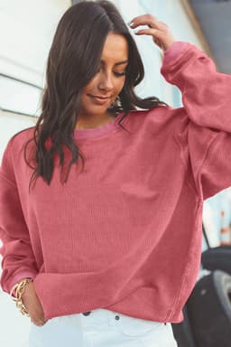 image-Strawberry Pink Ribbed Corded Oversized Sweatshirt