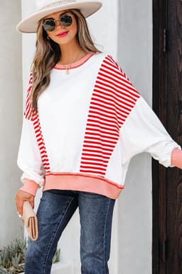 image-Brown Stripe Colorblock Patchwork Sweatshirt Oversized