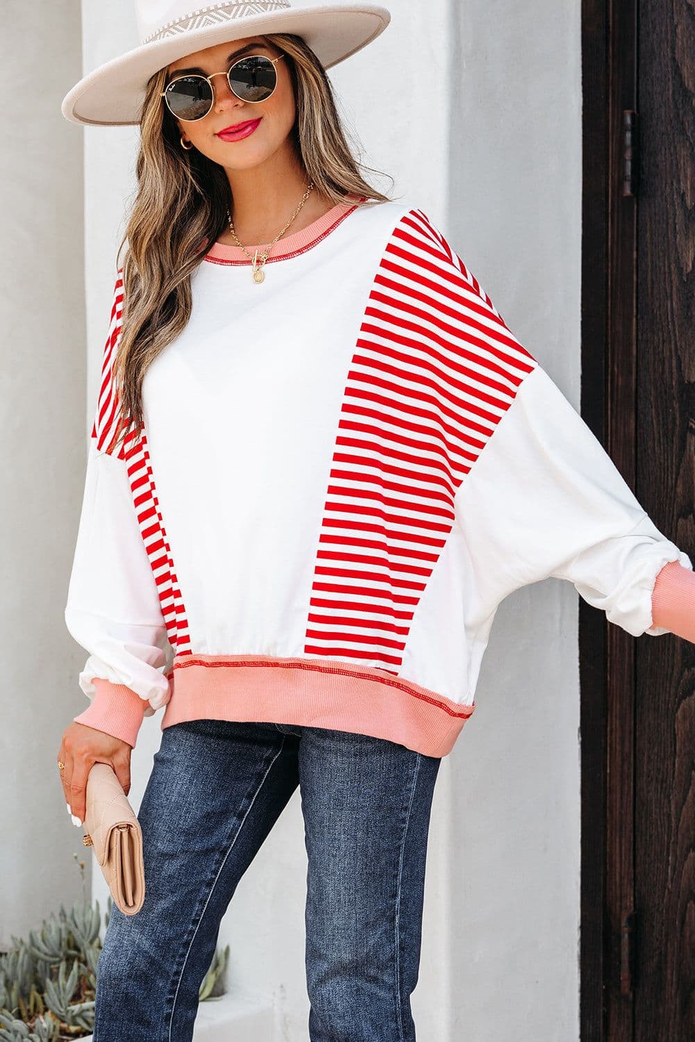 image-Brown Stripe Colorblock Patchwork Sweatshirt Oversized
