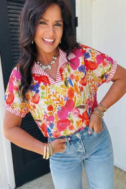 image-Rose Striped Trim Collared V Neck Short Sleeve Floral Print Blouse