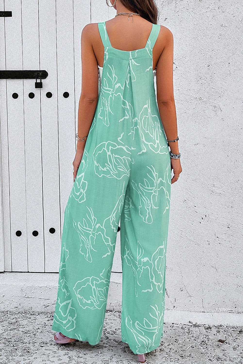 image-Chic Jade Printed Bib Wide Leg Overalls - Comfortable & Stylish (65 characters)