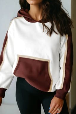 image-Coffee Color Block Patchwork Athleisure Hooded Sweatshirt
