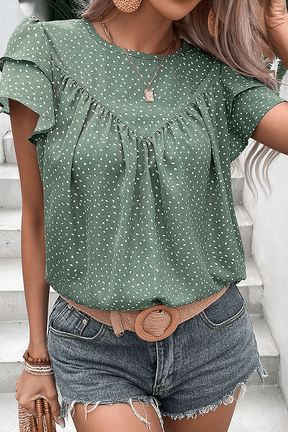 image-Green Dotted Ruffle Sleeve Crew Neck Blouse
