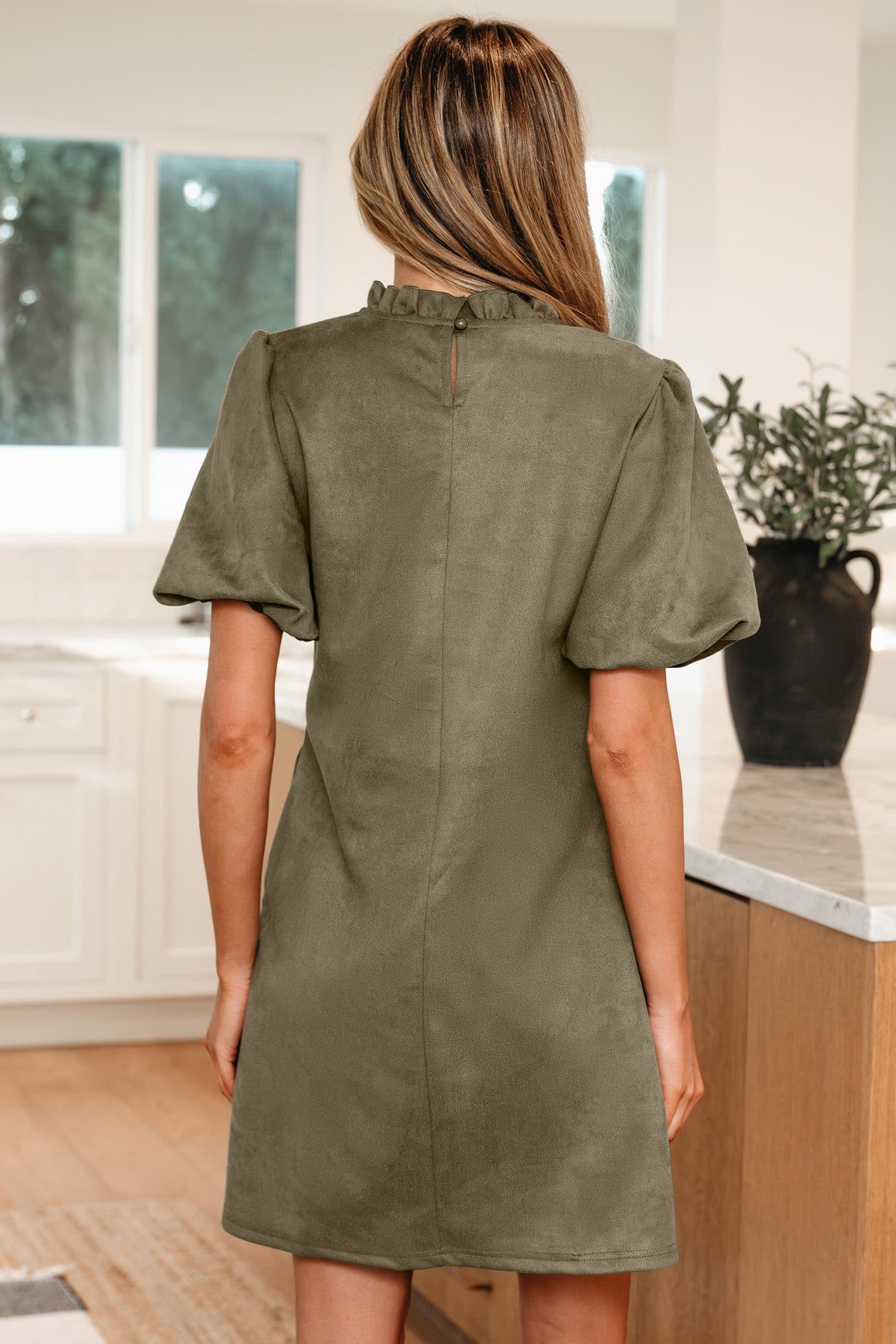 image-Moss Green Frilled Mini Dress - Short Puff Sleeve