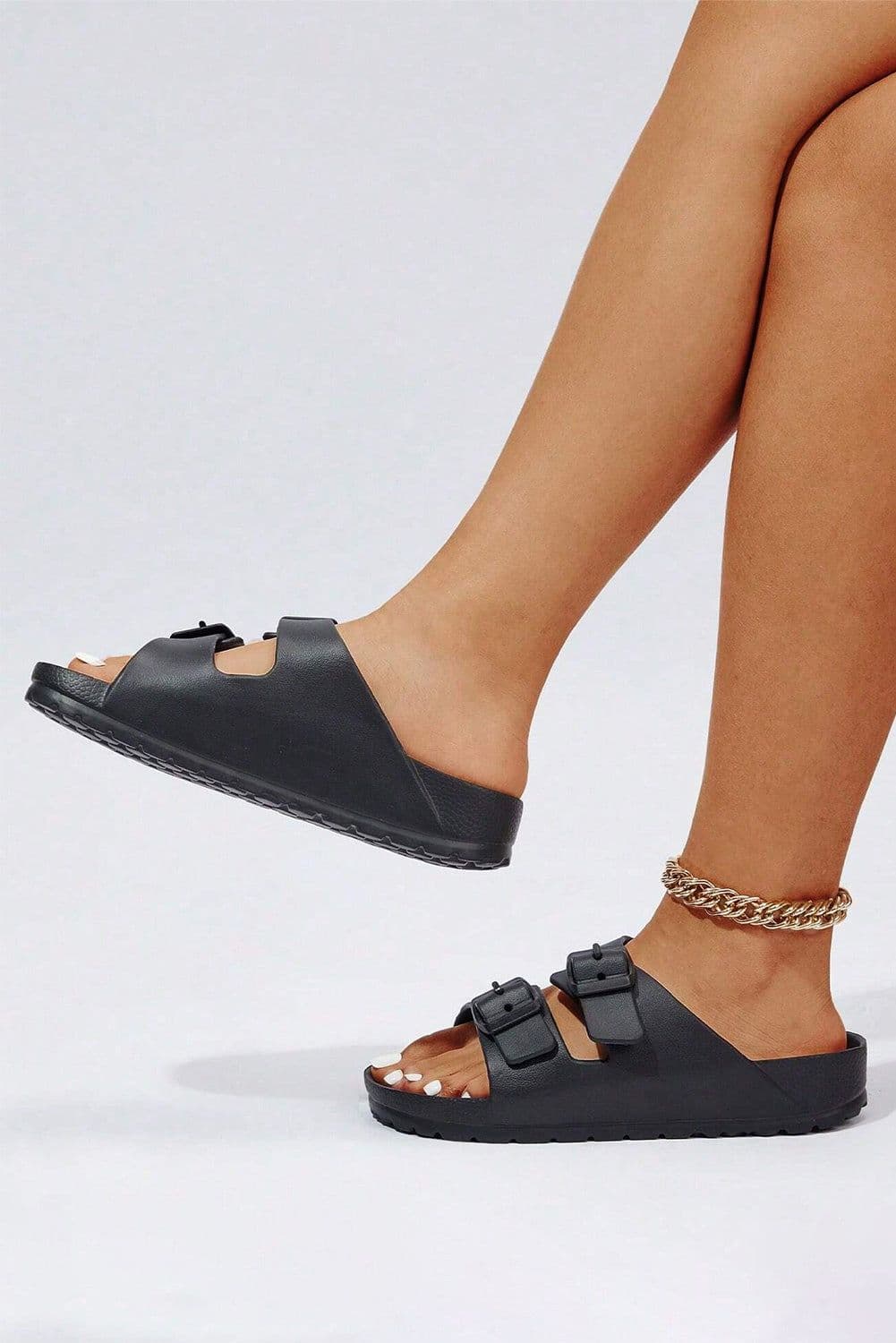 image-Black EVA Slippers with Double-Buckle Adjustable Fit