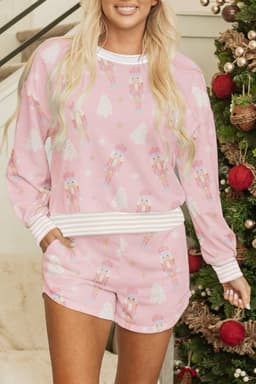 image-Pink Christmas Tree Nutcracker Doll Print Contrast Trim Long Sleeve Top Matching Shorts Set