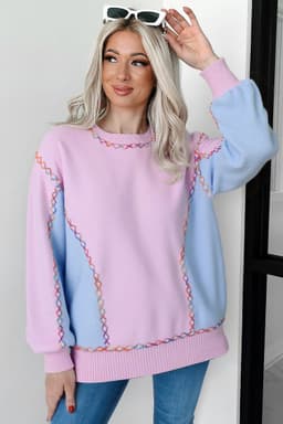 image-White Rainbow Stitching Balloon Sleeve Sweater