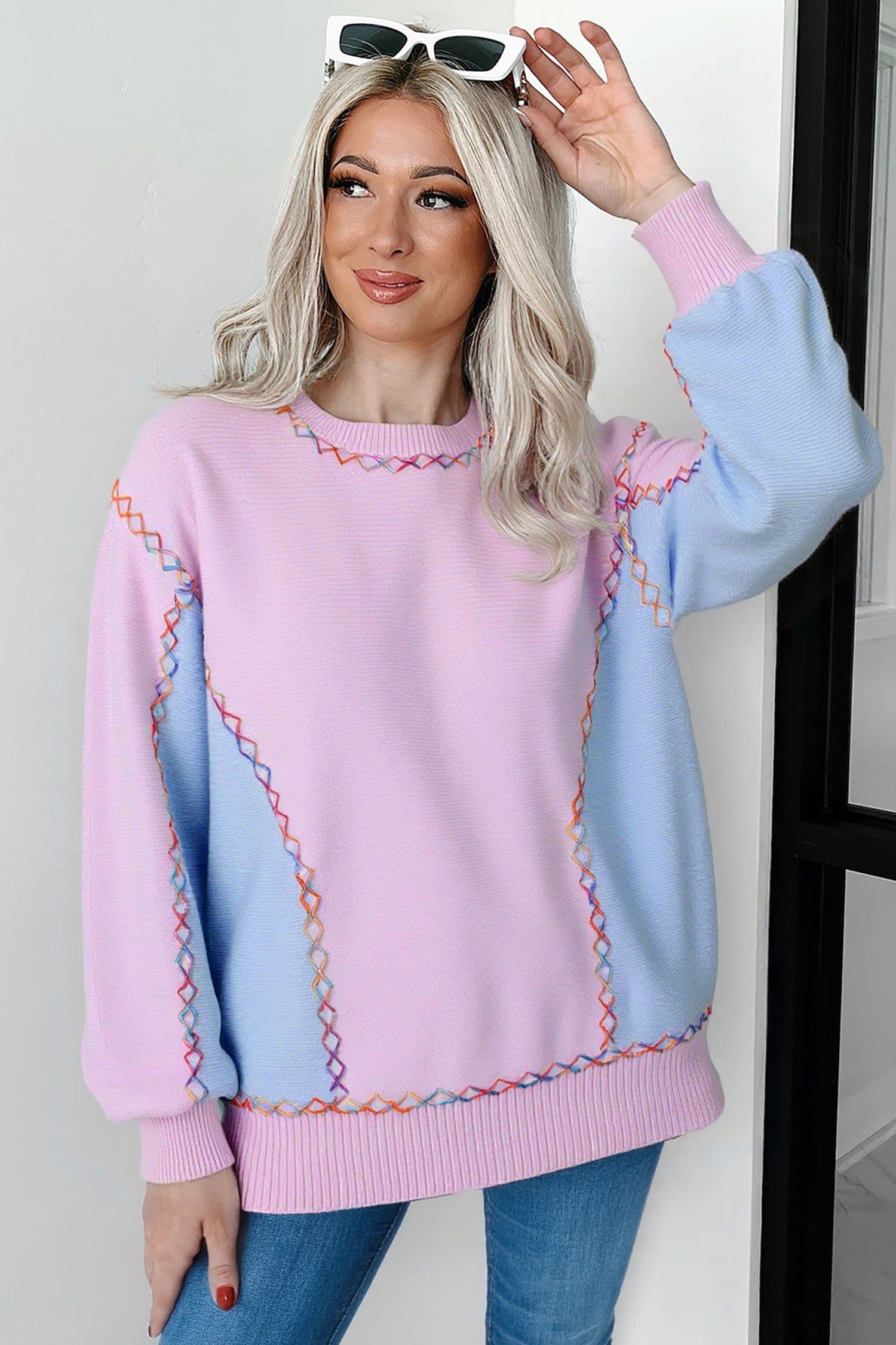 image-White Rainbow Stitching Balloon Sleeve Sweater