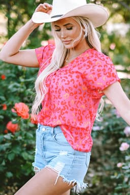 image-Pink Leopard V Neck Short Sleeve Blouse