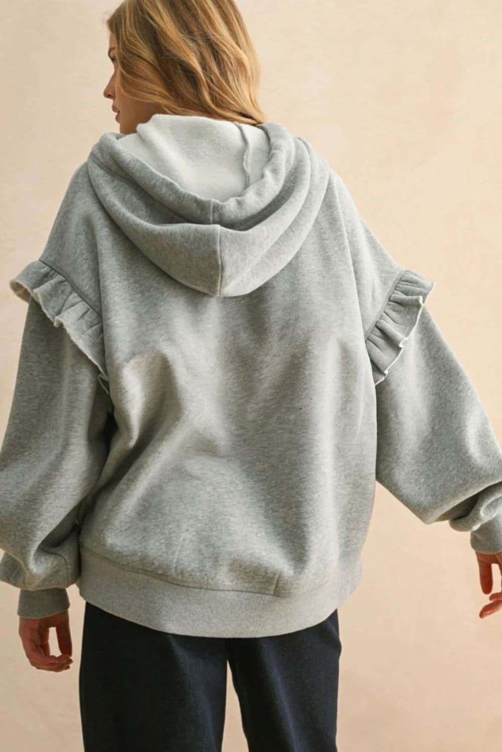 image-Gray Contrast Rope Drawstring Ruffle Trim Hoodie