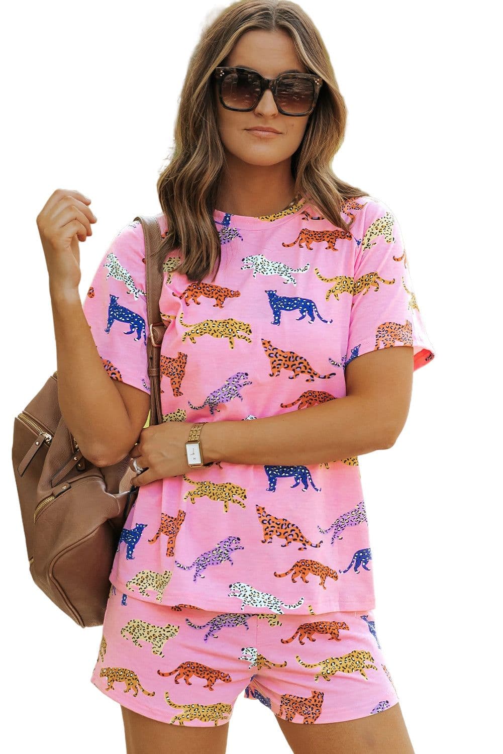 image-Pink Flower Print Short Sleeve High Waist Two Piece Shorts Set