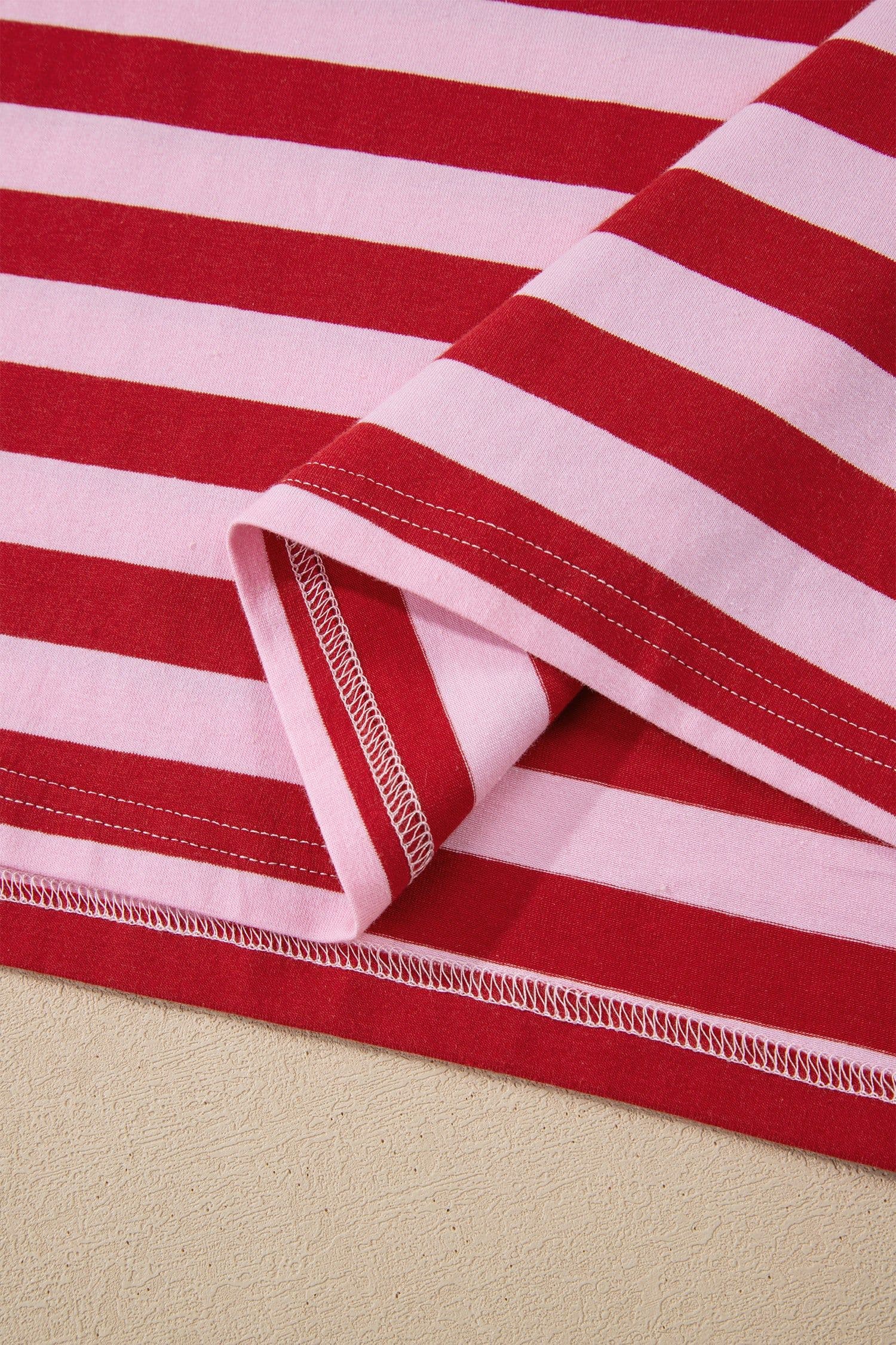image-Pink Stripe Split V Neck Casual T Shirt