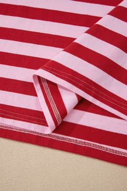 image-Pink Stripe Split V Neck T Shirt