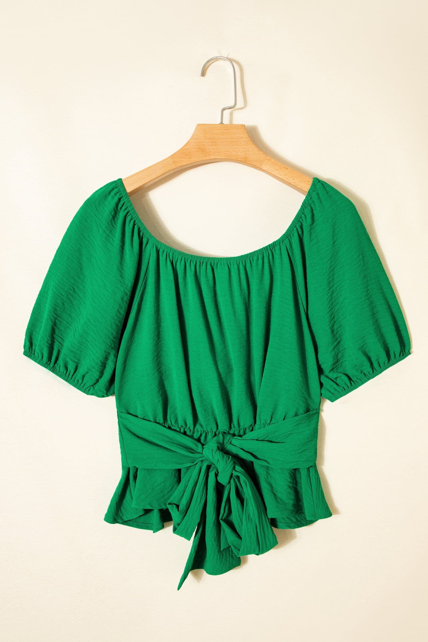 image-Dark Green Peplum Top - Ruched Waist Tied Back