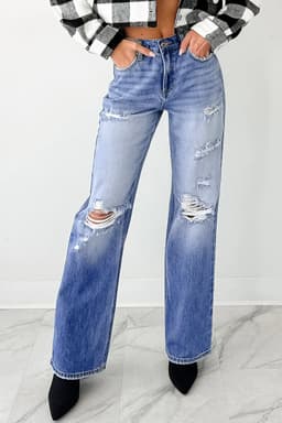 image-Myosotis Mid Rise Distressed Sneak Peek Straight Leg Jeans