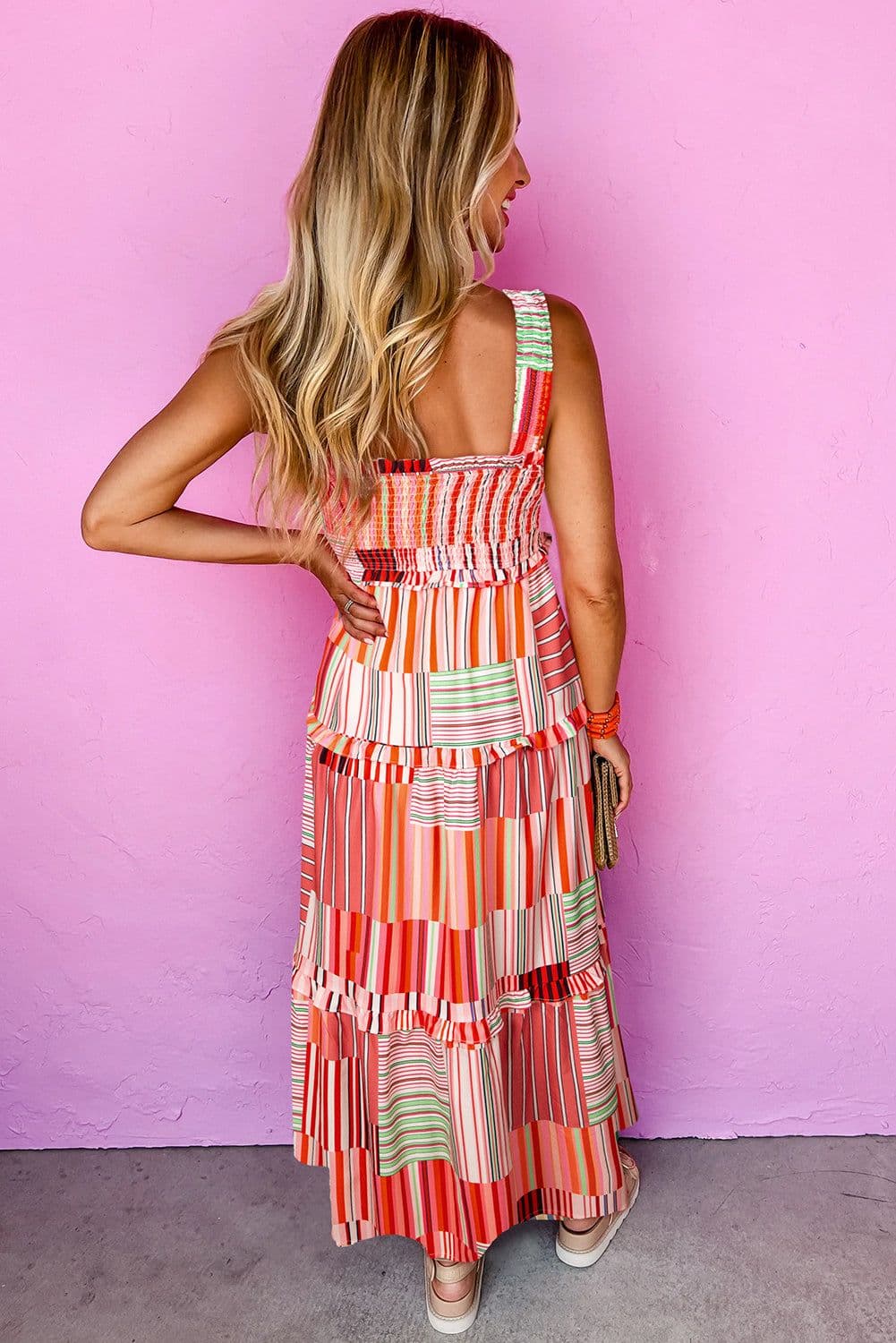 image-Carrot Mix Striped Wide Straps Smocked Tiered Maxi Dress
