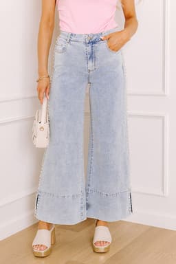 image-Beau Blue Mid Rise Pearl Embellished Split Wide Leg Jeans