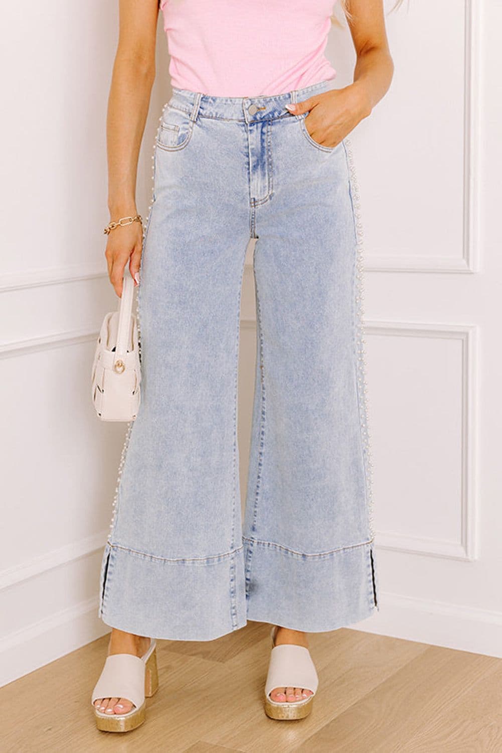image-Beau Blue Mid Rise Pearl Embellished Split Wide Leg Jeans