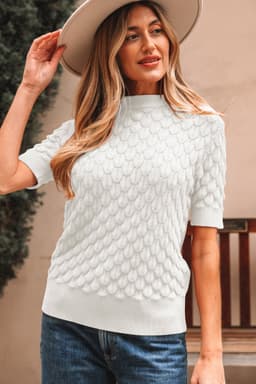 image-White Fish Scale Textured Knit Sweater High Neck