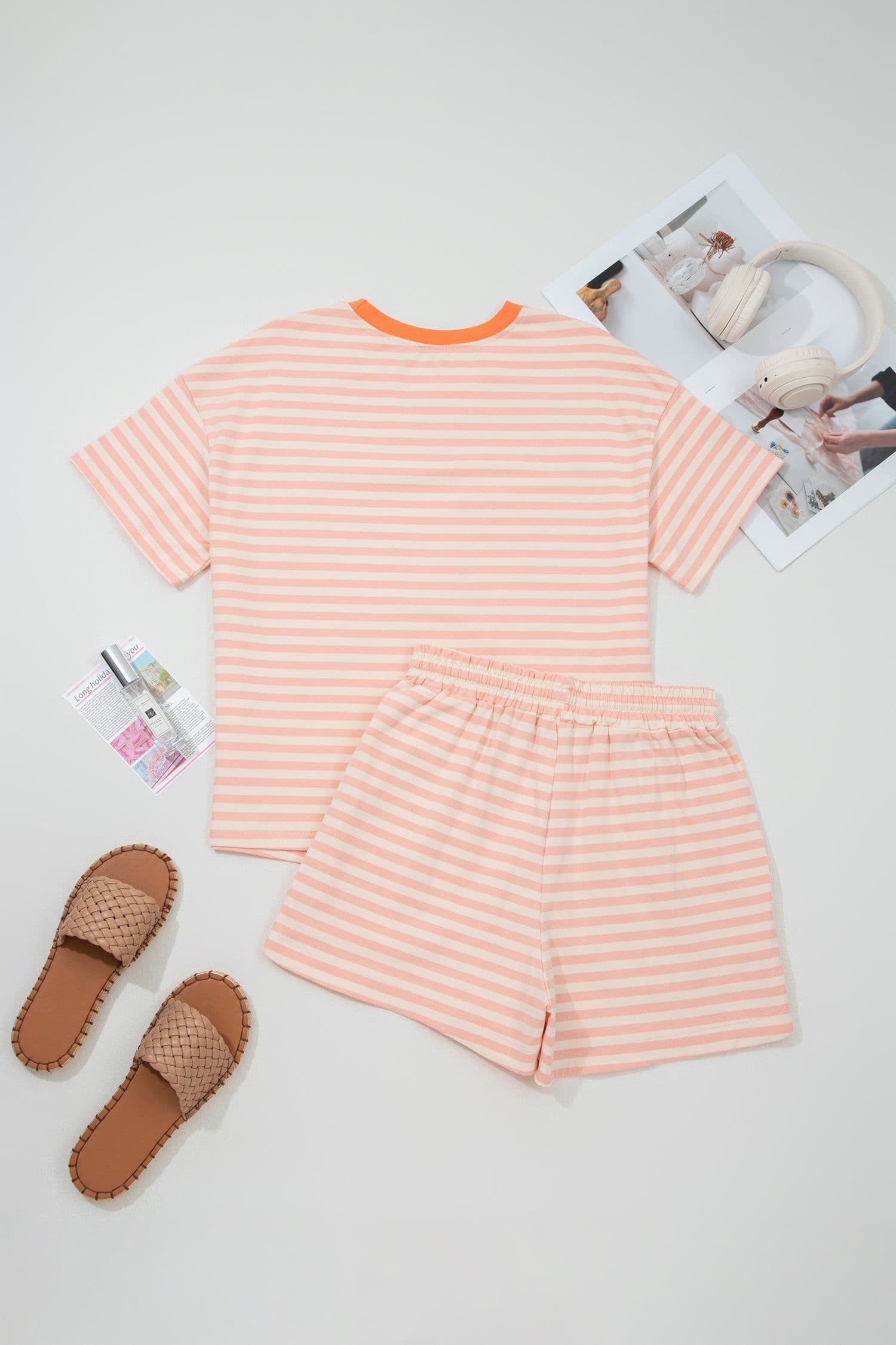 image-Pink Stripe Contrast Neck Loose Tee and Drawstring Shorts Set