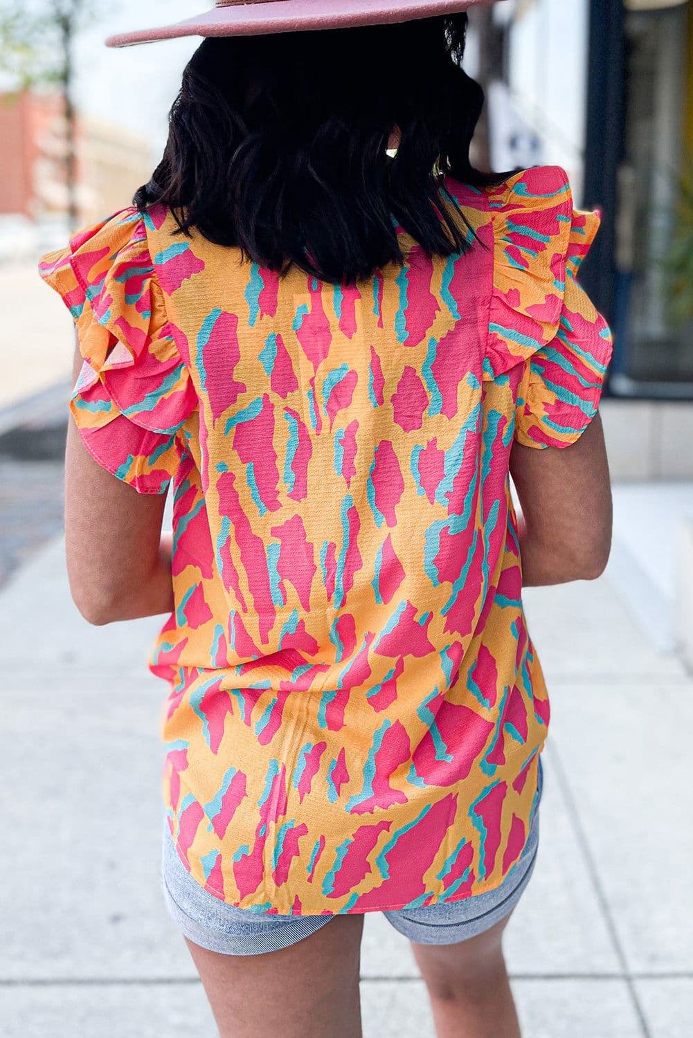 image-Abstract Print V-Neck Blouse - Orange Ruffled Sleeves