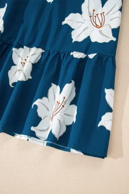 image-Blue Floral Print Shirt Collar V Neck 3/4 Sleeve Shift Midi Dress