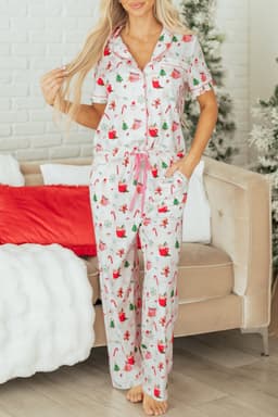 image-Pink Christmas Spirit Cute Holiday Print Short Sleeve Shirt and Pants 2pcs Pajama Set