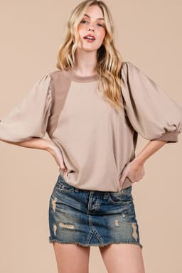 image-Goat Half Lantern Sleeve Solid Pullover Top