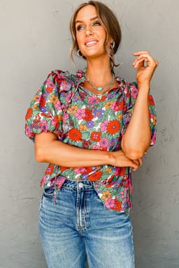 image-Red Floral Ruffle Puff Sleeve Blouse