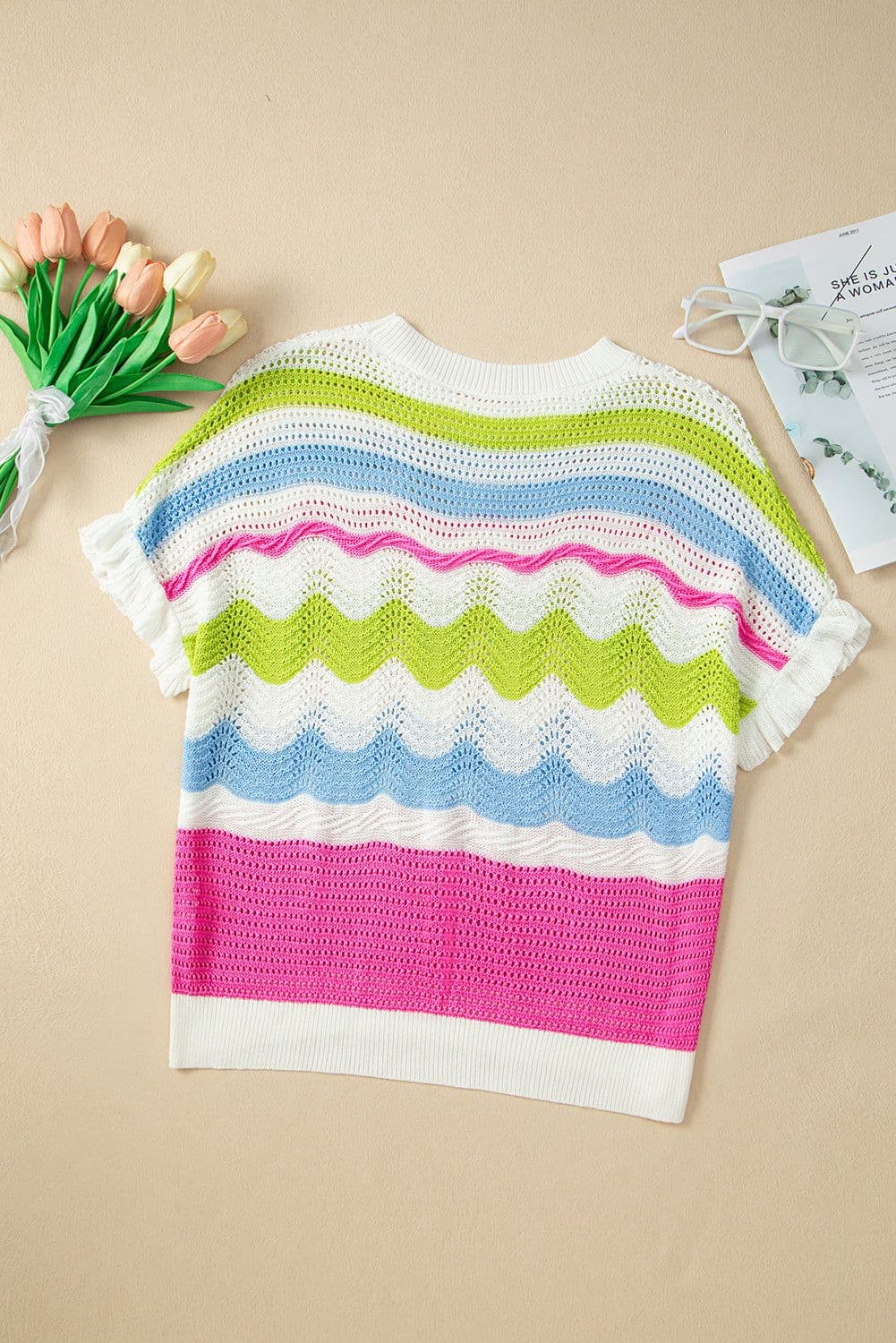 image-White Colorblock Crochet Knit Ruffled Short Sleeve Top