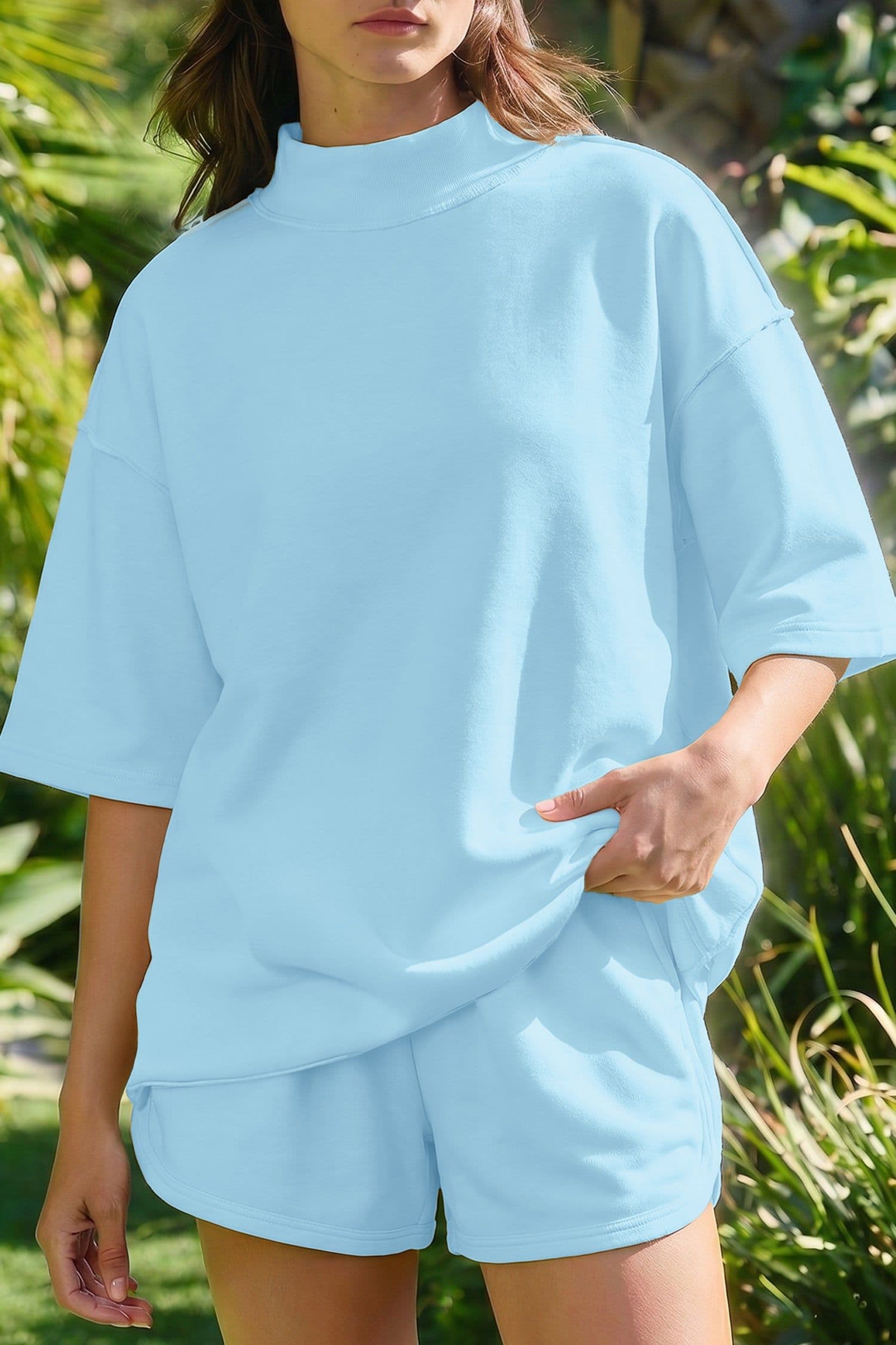 image-Yellow Cream Mock Neck Tee & Shorts 2pc Set
