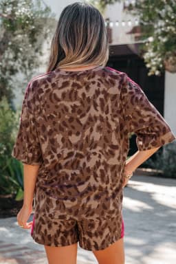 image-Brown Contrast Striped Accent Leopard Short Set
