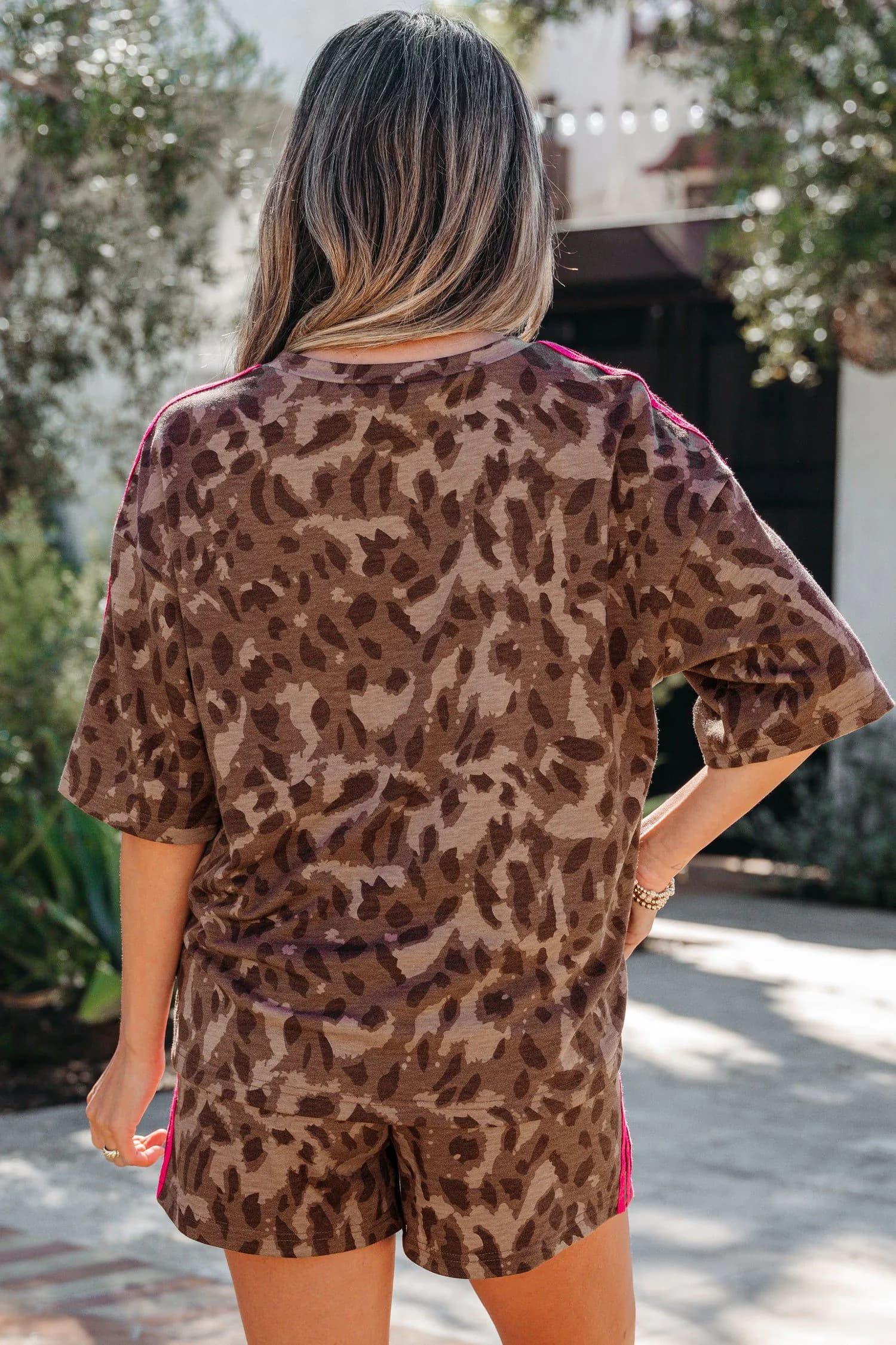 image-Brown Contrast Striped Accent Leopard Short Set